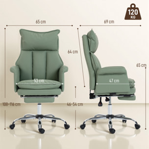 Silla de Escritorio con Reposapiés, Silla de Oficina Giratoria, con Respaldo Reclinable y Alto, Acolchado Grueso, Tapizada en Cuero Sintético, Soporte Lumbar, Altura Ajustable, Ruedas, Verde