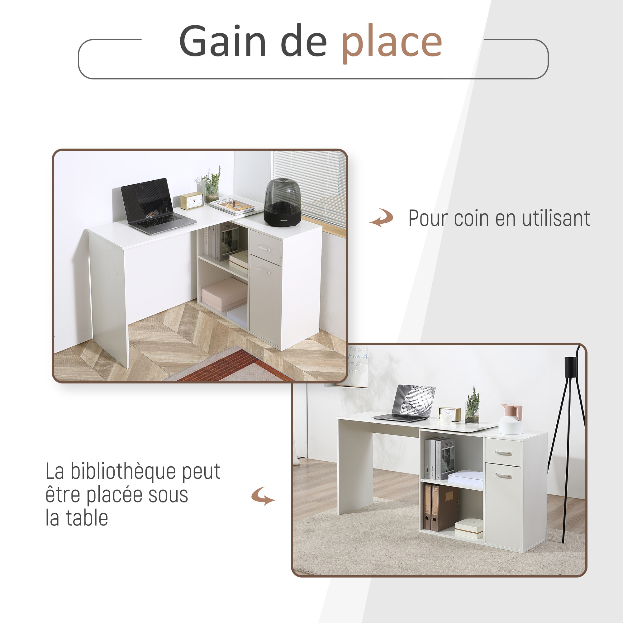 Bureau d'angle ou droit modulable bibliothèque tiroir une porte blanc