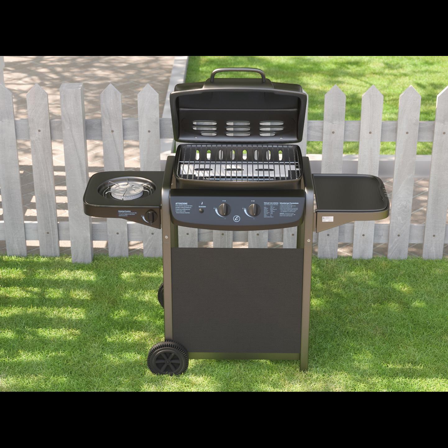 Barbecue A Gas Con Fuoco Bruciatore Laterale BBQ Coperchio Termometro Griglia Grill Ruote Compatto In Acciaio Giardino Esterno 112x52.5x96.5 Cm Nero