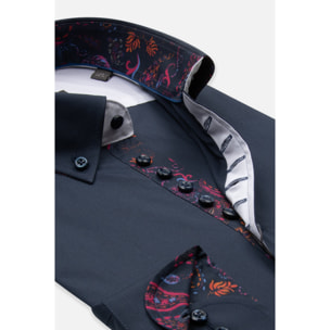 Camicia Uomo 1 Bottoni Button Down Slim Popeline Stretch Unito Blu