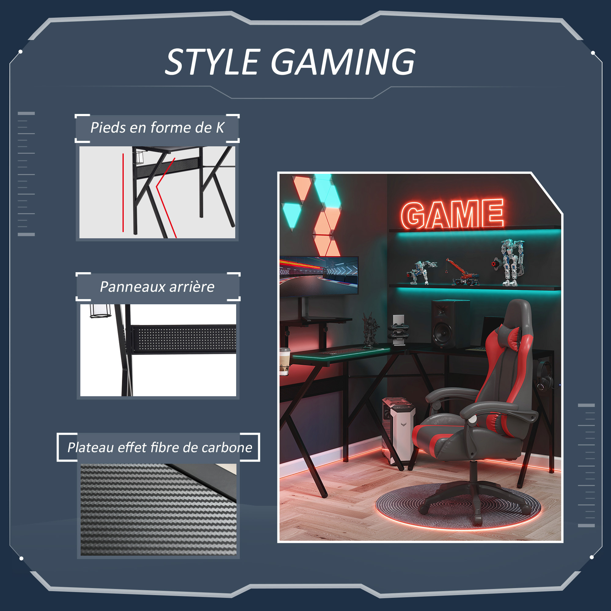 Bureau gaming d'angle bureau gamer bureau informatique bracket casque porte-gobelet étagère écran réglable métal panneaux texture carbone noir