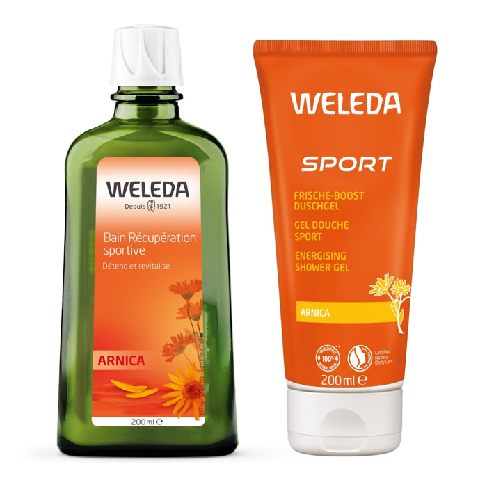 WELEDA - Pack Hygiène - Bain Récupération Sportive Arnica + Gel Douche Sport Arnica - Vegan* - Certifié Natrue** - Flacon en verre 200ml + Tube 200ml
