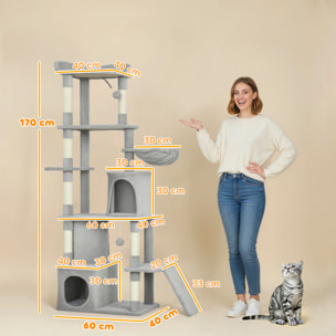 Árbol Rascador para Gatos Grande, Árbol para Gatos, Altura 170 cm, Torre de Escalada con 7 Postes, 1 Túnel, 3 Plataformas, 2 Cuevas, 1 Hamaca, 1 Percha, 1 Rampa, Pompones, Gris Claro
