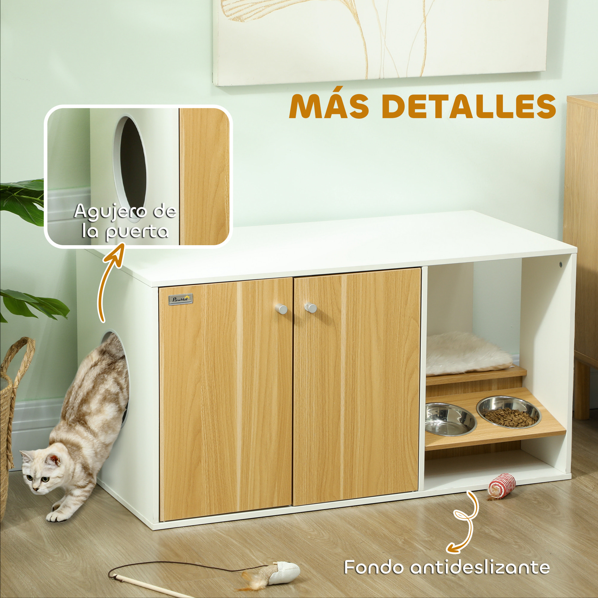 Mueble Arenero para Gatos 3 en 1 Nido Mesa Auxiliar Caja de Arena para Gatos con Puertas Cojín Tazones Estera para Rascar y Compartimento para Salón Dormitorio 95x48x50,5 cm Blanco y Roble