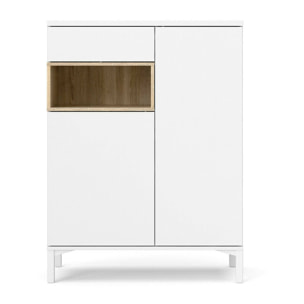 Credenza a due ante e un cassetto, colore bianco con un vano di colore rovere, Misure 88 x 118 x 36 cm