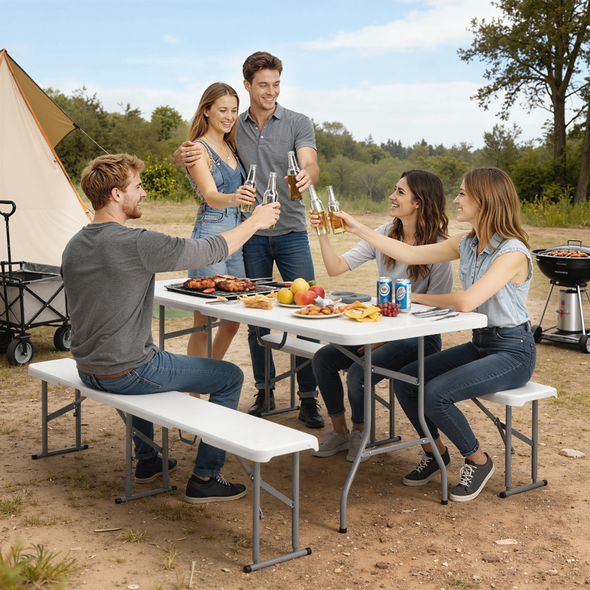 Conjunto de Camping Plegable de 3 Piezas, Mesa Plegable Camping con Bancos, Incluye 1 Mesa de Camping 180x74x74 cm y 2 Bancos, Asas, Impermeable, para Acampadas, Jardín, Pícnic, Blanco