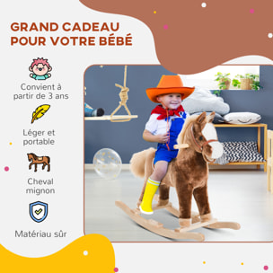 Cheval à bascule cheval de cowboy selle grand confort peluche courte douce bois peuplier brun blanc
