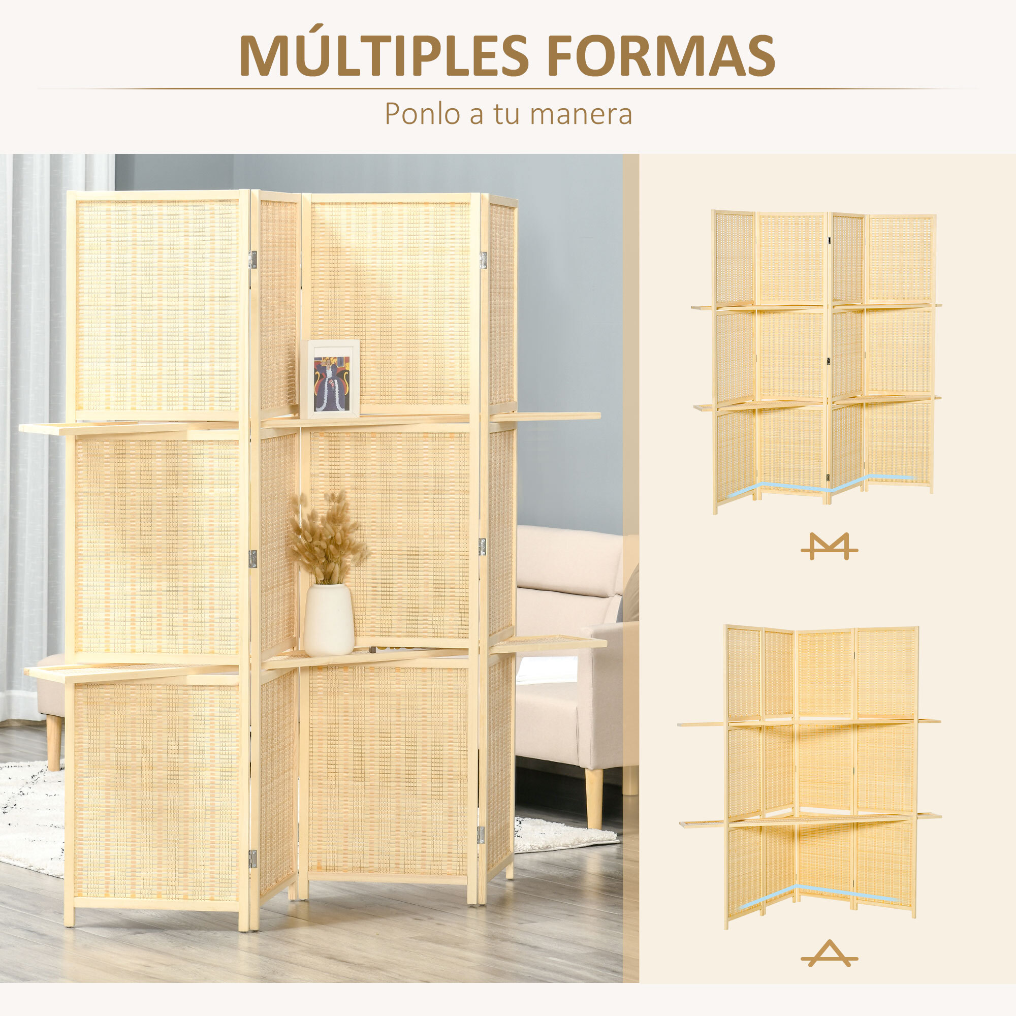 Biombo de 4 Piezas de Bambú Biombo Separador de Ambientes Plegable con 2 Estantes Extraíbles Divisor de Habitaciones Dormitorio 180x180 cm Natural