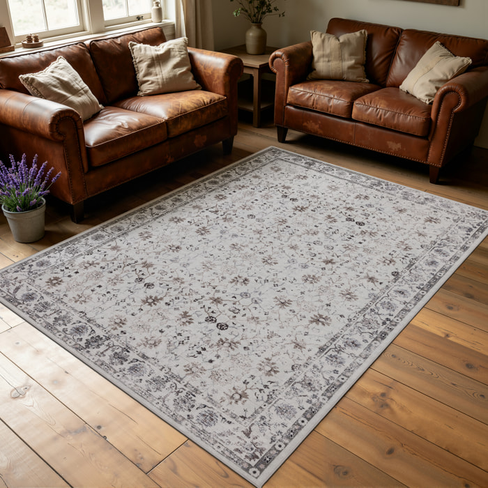 INKA - Tapis crème à poils courts doux à motif floral vintage