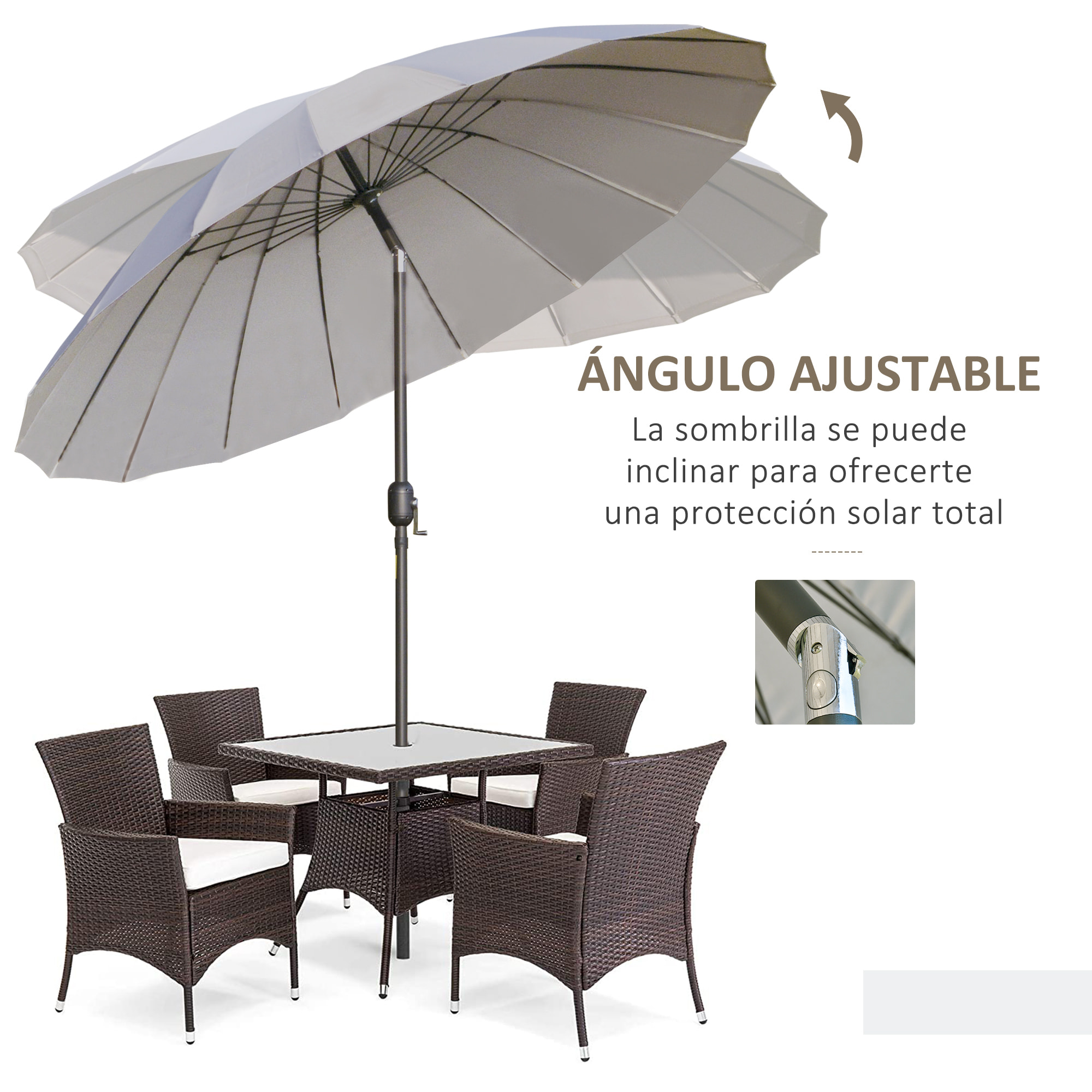 Sombrilla de Jardín Ø250x240 cm con Manivela Parasol Exterior con Mecanismo de Inclinación y Poste Desmontable de Metal para Terraza Piscina Patio Gris Claro