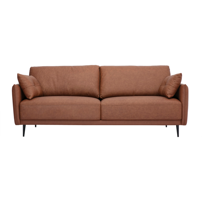 Canapé vintage 3 places cuir marron et bois foncé DAVEN