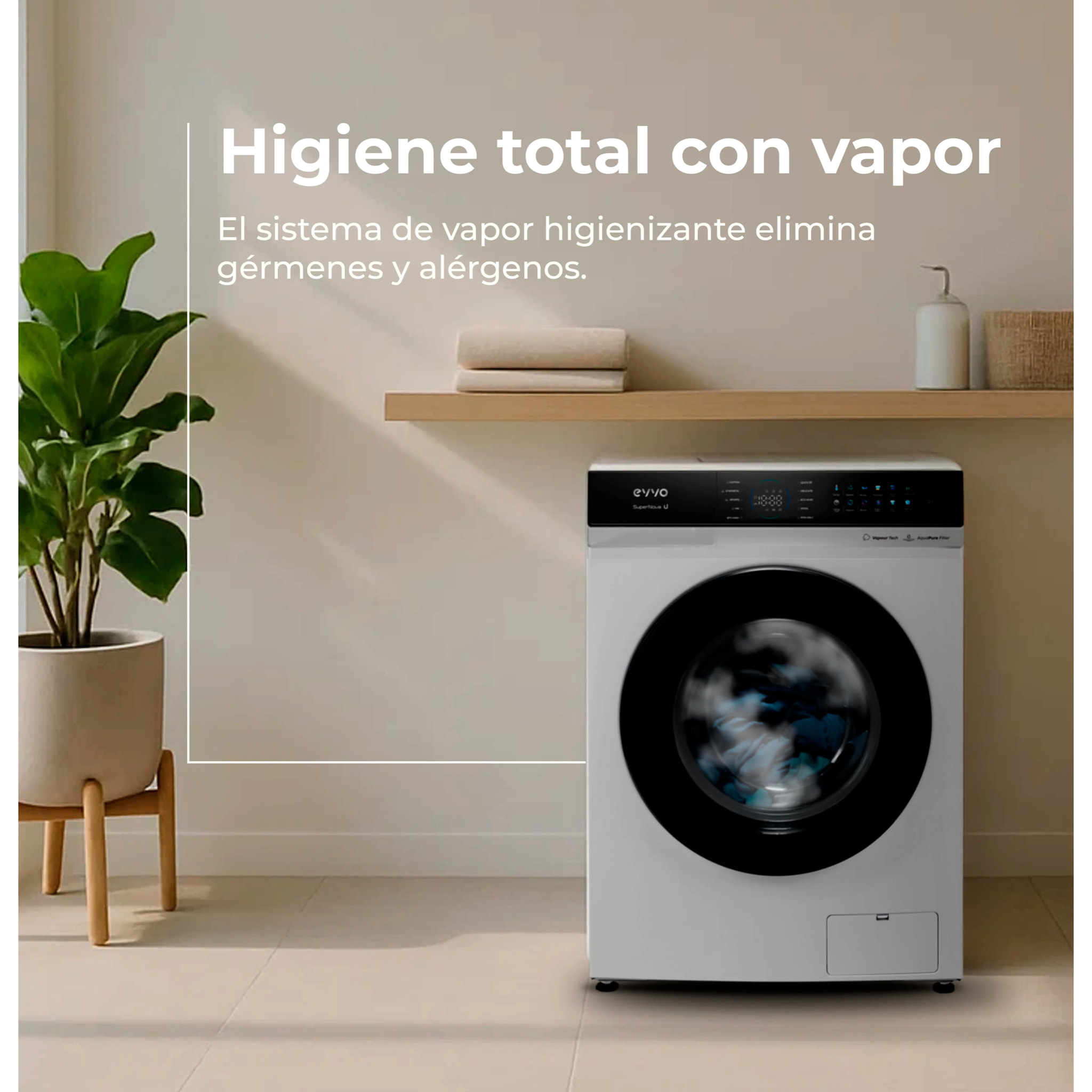 EVVO Lavadora 12 kg Supernova U12, 1350 rpm, Clase A, Motor Inverter, 14 programas, Vapor Steam Wash, Smart LOAD, lavado rápido, blanco