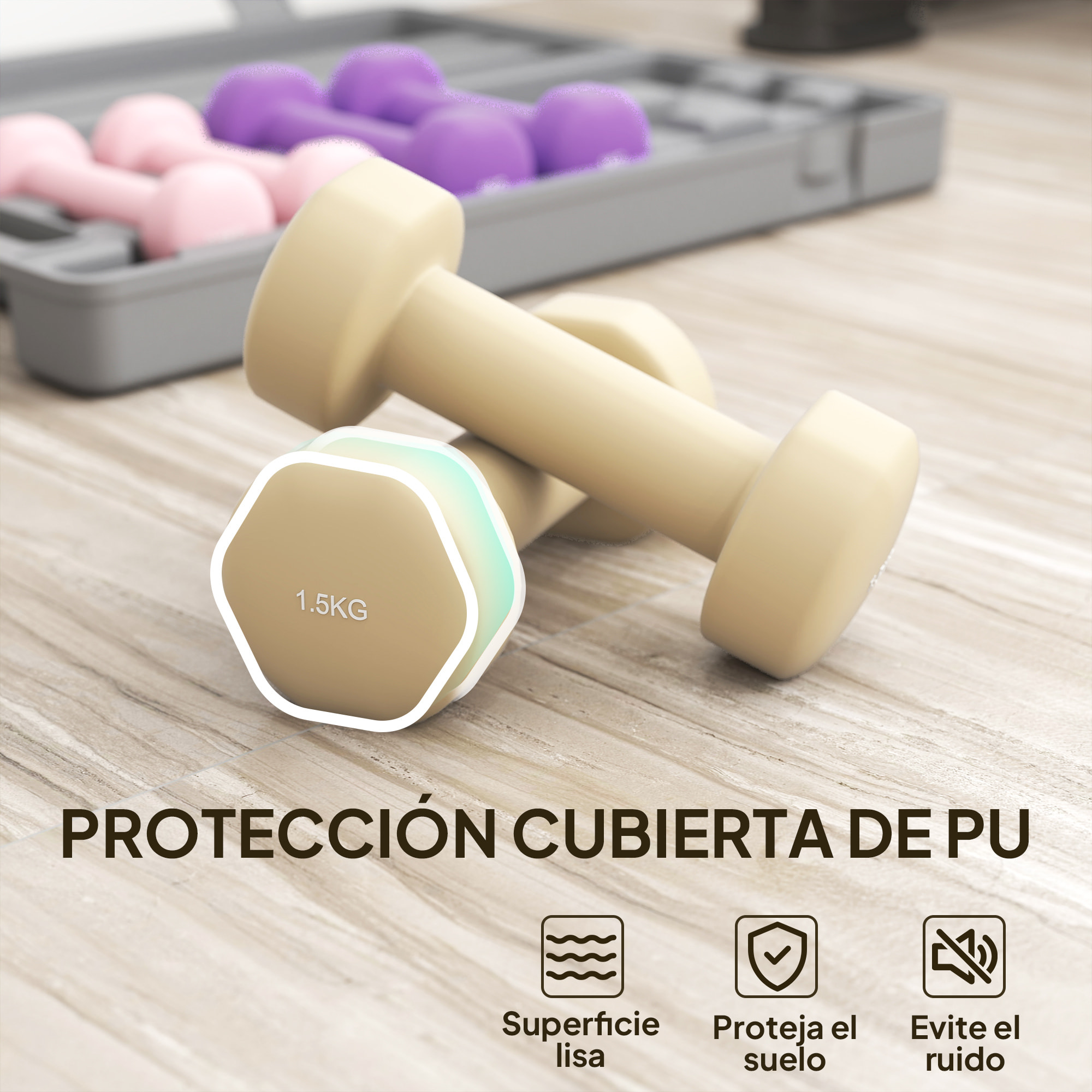 Juego de Mancuernas de 6 Piezas Total 6 kg, 2x1,5 kg, 2x1 kg, y 2x0,5 kg, Mancuernas Hexagonales con Revestimiento de PU con Maletín para Ejercicio en Casa, Gimnasio, Multicolor