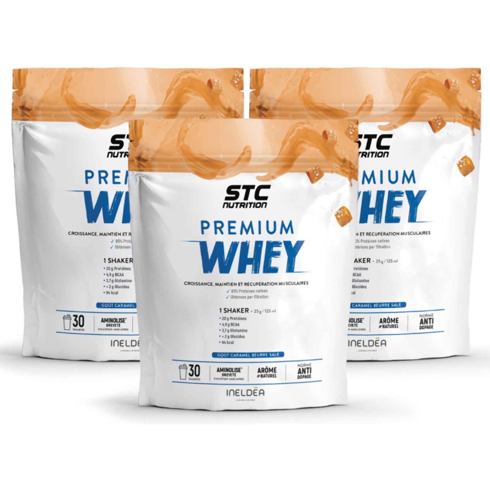 STC NUTRITION - Premium Whey - 80% de protéines natives de lactosérum - Croissance, maintien et réparation musculaires - Digestion facile - Doypack 750g -  Caramel Beurre Salée - Lot de 3