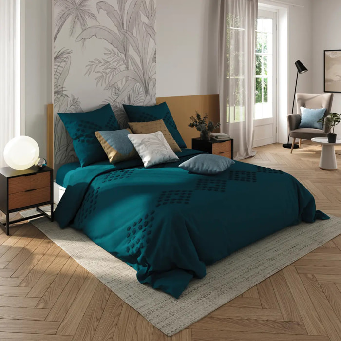Parure de lit "Vilma" en coton lavé tufté bleu canard 260x240cm