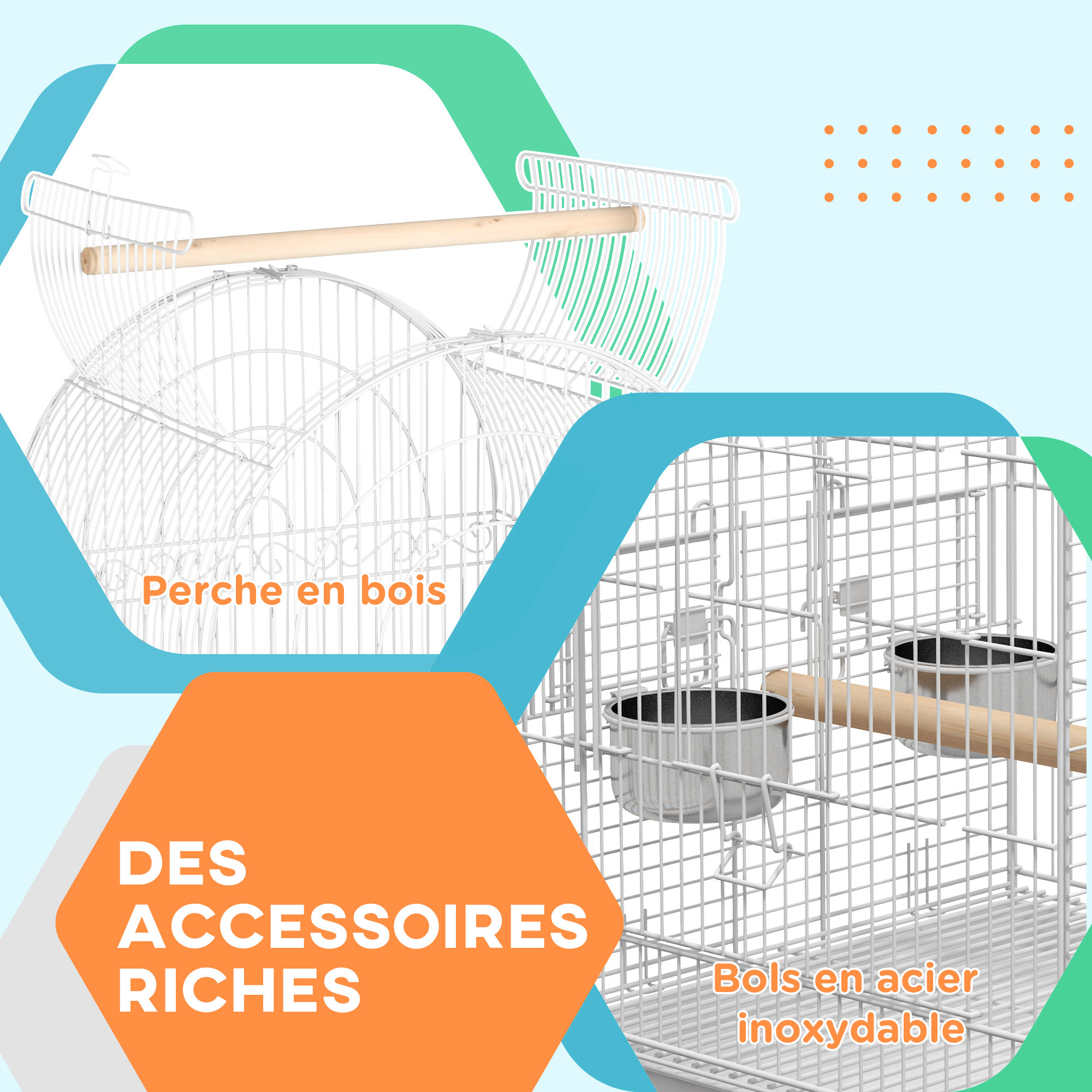 Cage à oiseaux volière sur roulettes - étagère, grille, plateau amovible, 2 bols acier inox, perchoir - acier blanc