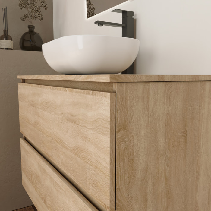 Conjunto de Baño Kaji | Mueble de Baño Suspendido | 100 cm Bardolino| Dos Cajones | Lavabo Ovalado sobre Encimera | No incluye Espejo | Alday