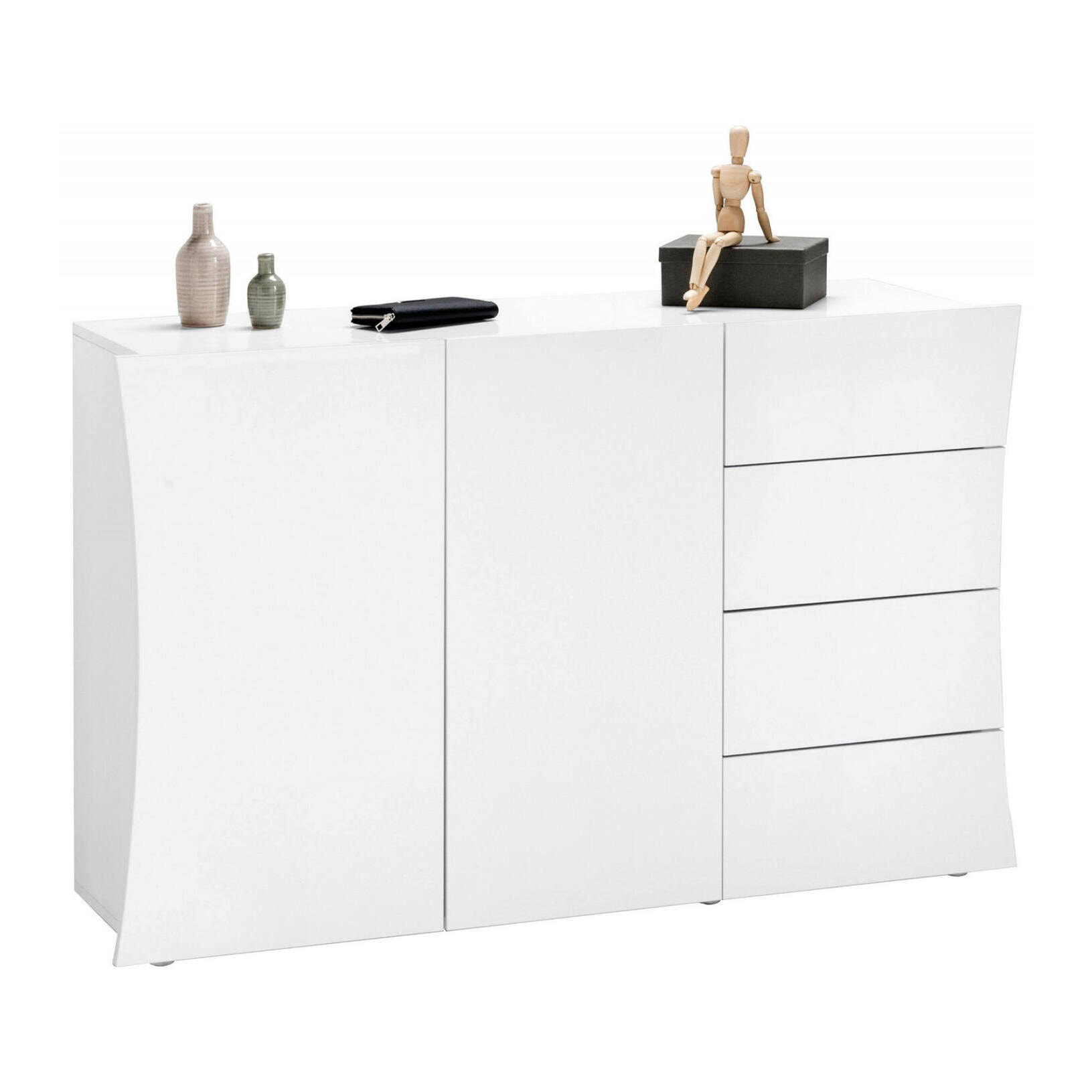 Credenza moderna, Madia di design a 2 ante e 4 cassetti, Made in Italy, Mobile Porta TV, Buffet da soggiorno, cm 124x40h82, colore Bianco lucido