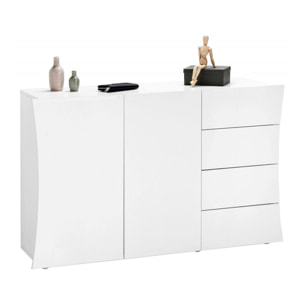 Credenza moderna, Madia di design a 2 ante e 4 cassetti, Made in Italy, Mobile Porta TV, Buffet da soggiorno, cm 124x40h82, colore Bianco lucido