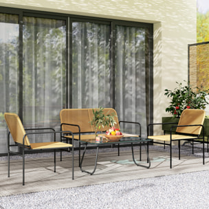 Conjunto Jardín Exterior de Ratán Conjunto Terraza Resistente a la Intemperie Muebles Jardín Exterior con 2 Sillones Sofá de 2 Plazas y Mesa de Tablero de Vidrio Templado Natural