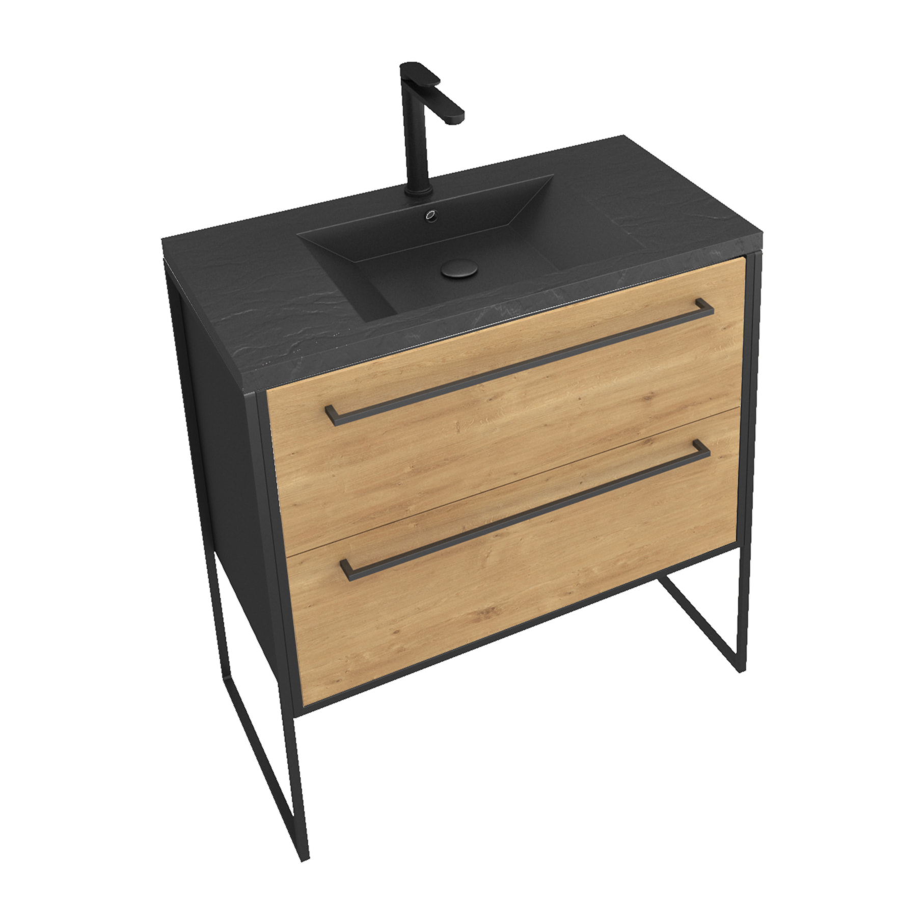 Meuble de salle de bain 80x50 cm NOIR MAT - 2 tiroirs chêne brun - vasque résine noir effet pierre