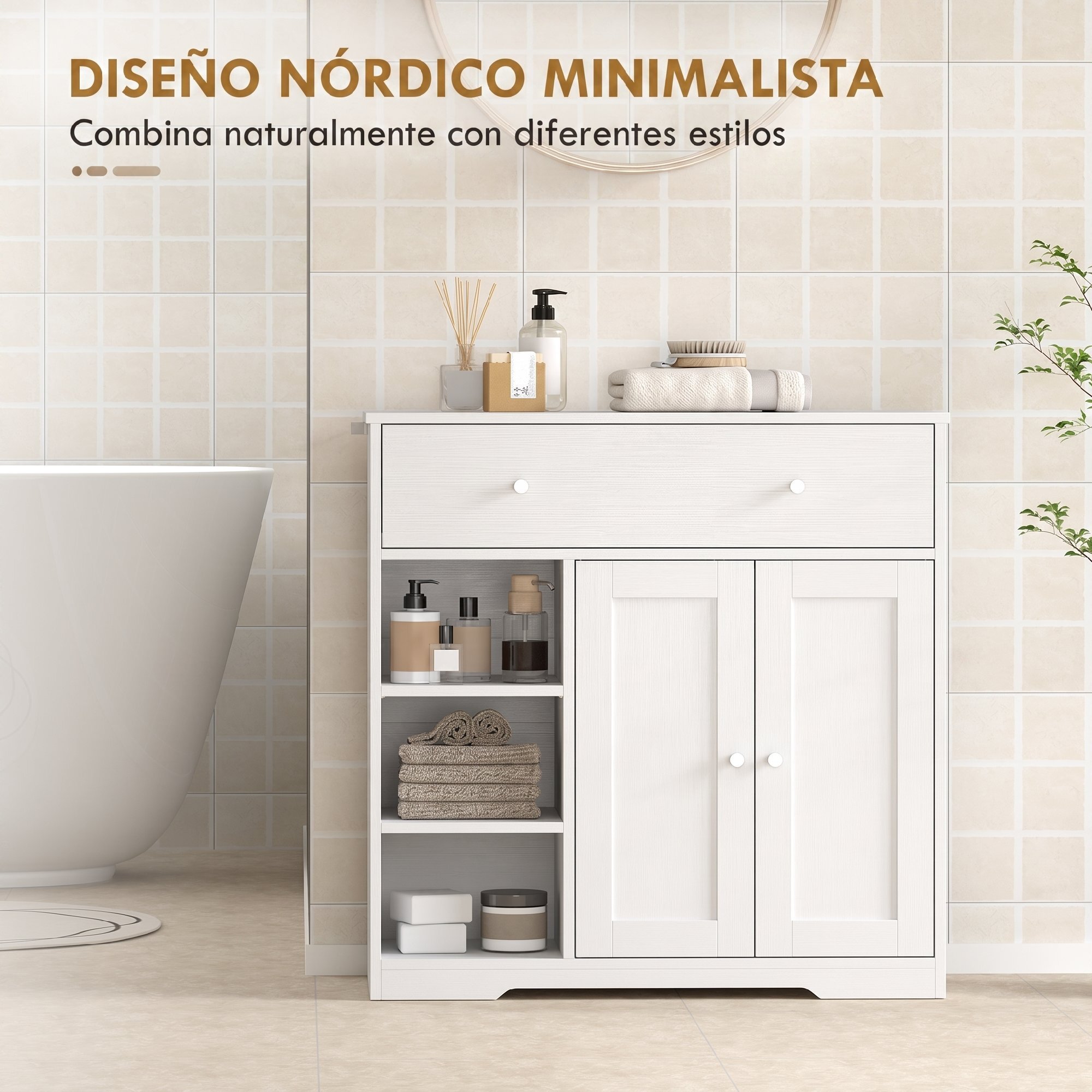 Armario de Baño Estrecho, Mueble Auxiliar de Baño con Cajón, 2 Puertas y 3 Estantes Abiertos, Ahorro Espacio, 80x30x80,2 cm, para Cocina, Salón o Despacho, Blanco Veteado