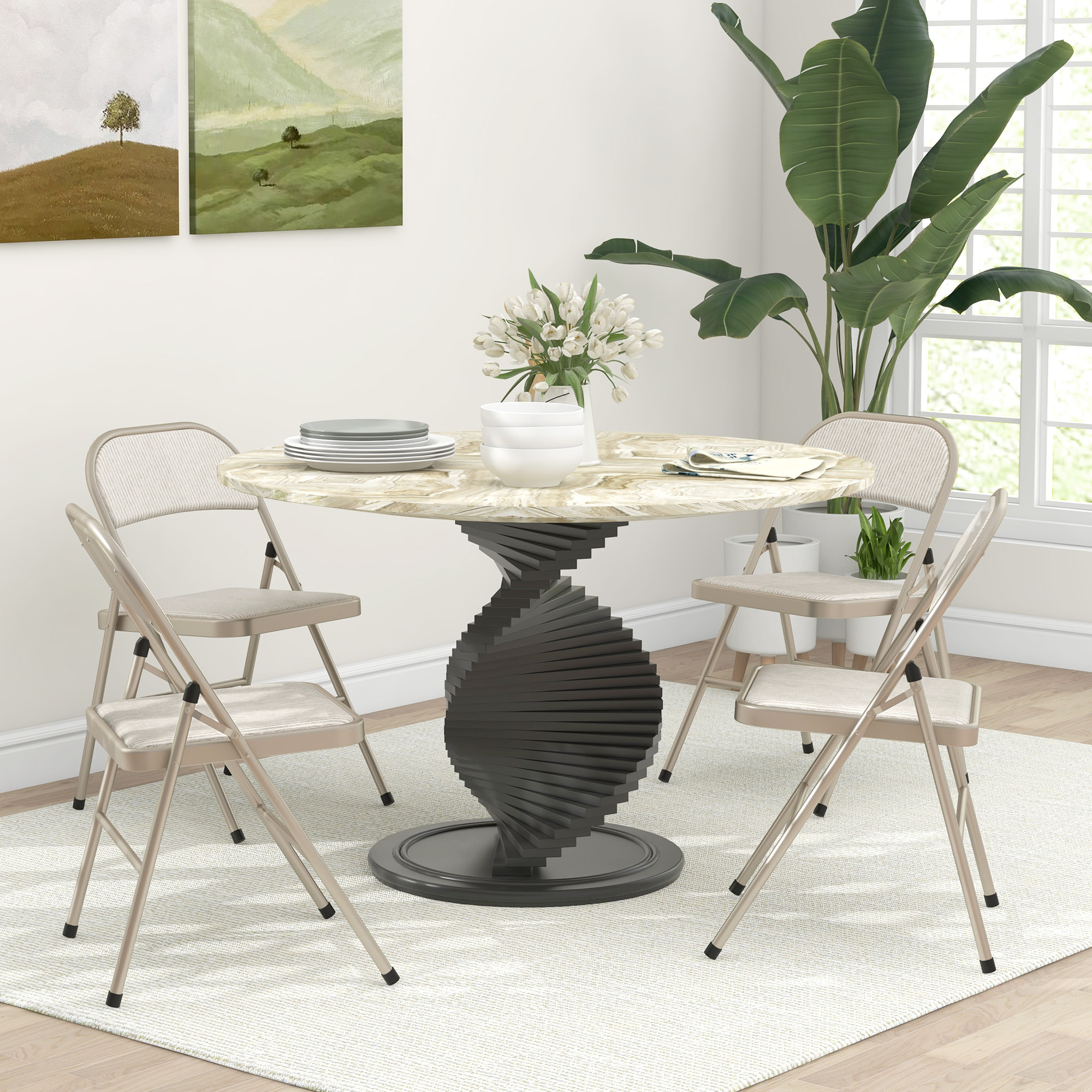 Juego de 4 Sillas Plegables Tapizadas en Lino Sintético con Respaldo y Estructura de Acero, para Salón, Comedor, Cocina, 45x46x78 cm, Beige