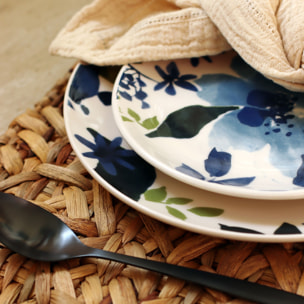 Lot de 6 assiettes à dessert en grès 19cm motif fleuri bleu BLEUET