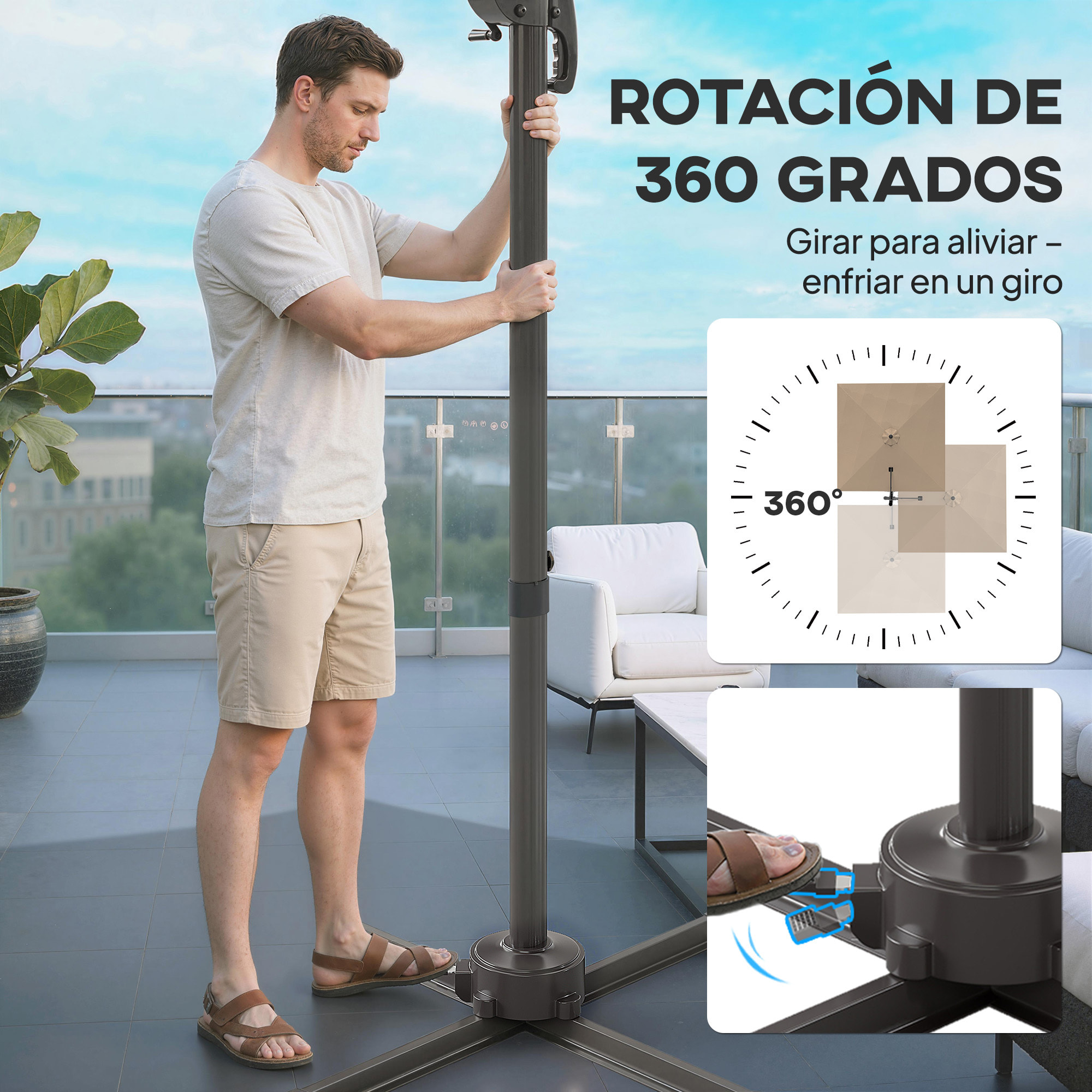 Sombrilla de Jardín 2,9x2,9 m, Parasol Excéntrico de Aluminio con Manivela, Toldo Giratorio 360°, Inclinación Ajustable, Base Cruzada y Funda, UPF30+, Sombrilla para Terraza Exterior, Caqui