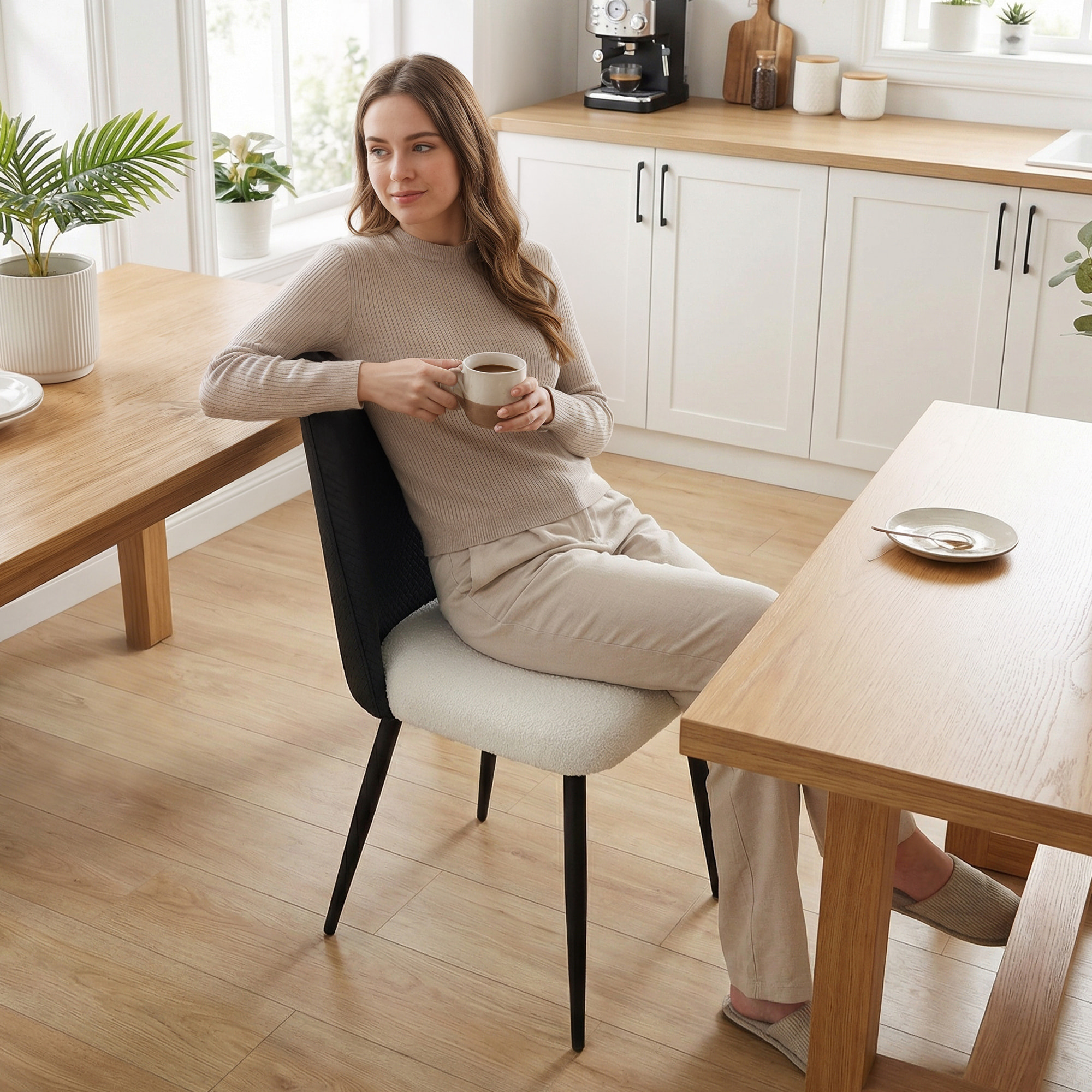 Juego de 2 Sillas de Comedor, Sillas de Cocina con Respaldo de PU de Imitación Ratán, Asiento Acolchado, Patas de Acero, para Salón, Negro y Beige