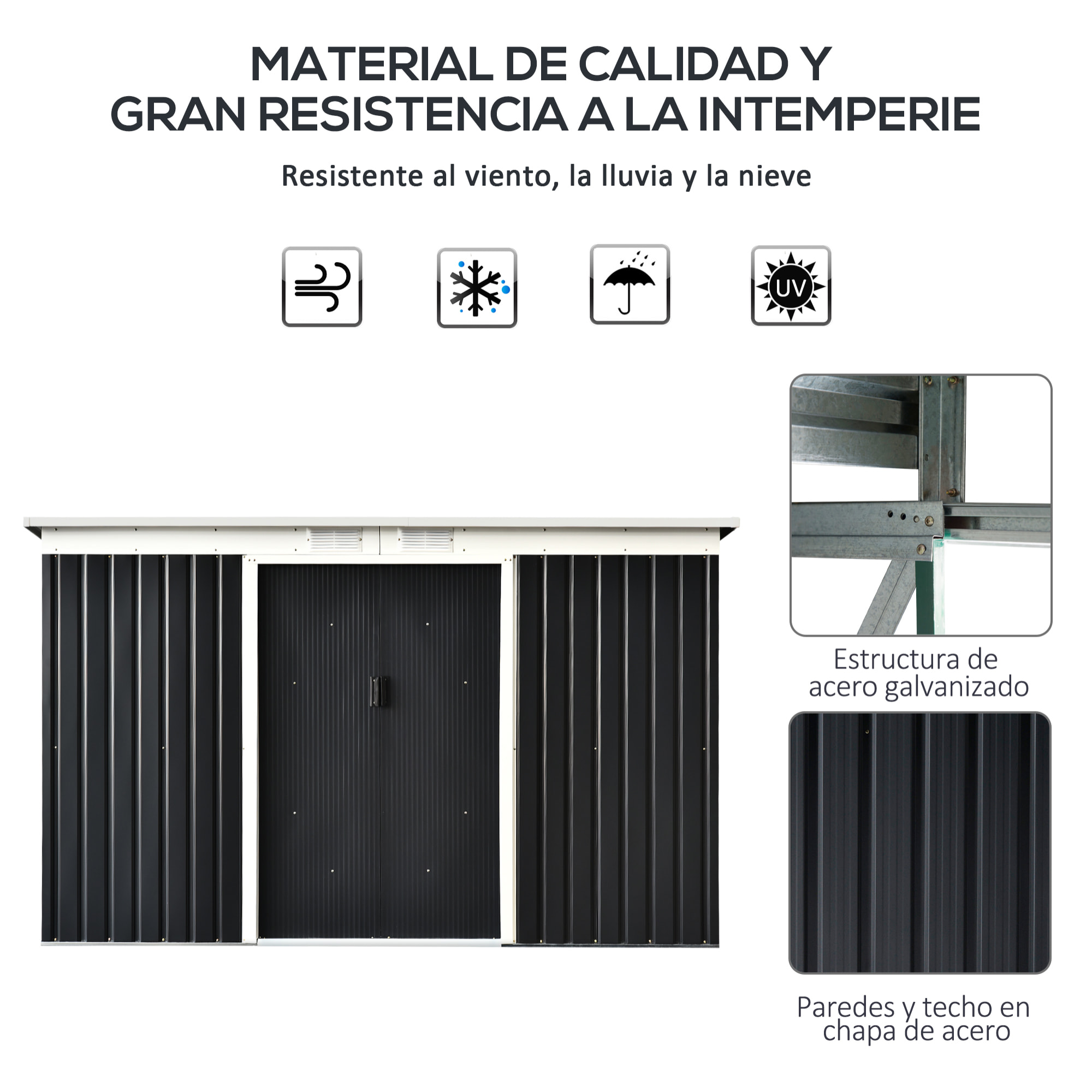 Cobertizo de Jardín 280x130x172 cm Base de 3,1 m² Caseta de Exterior Metálica para Almacenamiento de Herramientas con 2 Puertas Correderas y 2 Orificios de Ventilación Gris Oscuro