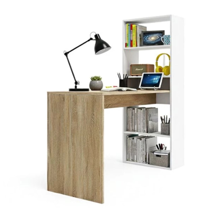 Mesa de escritorio con estantería Cosmic Blanco Artik (Blanco Mate) - Roble Canadian