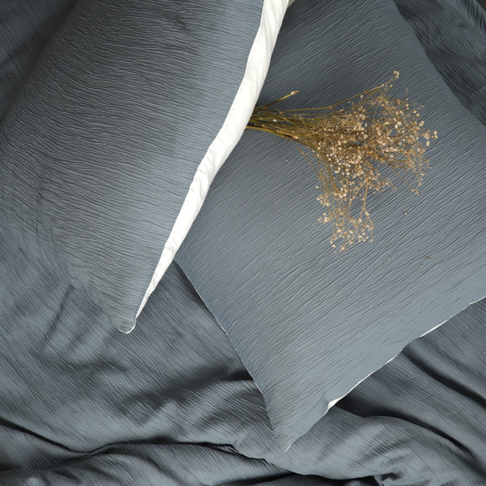 Parure Housse De Couette Uni 100% Polyester - Maya - Bleu Pétrole et Blanc