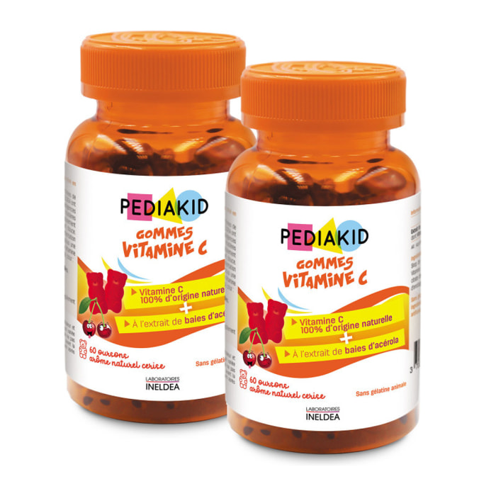 PEDIAKID - Gommes Vitamine C - Formule Naturelle au Délicieux Arôme de Cerise - Contribue à Réduire la Fatigue - Soutient le Métabolisme Énergétique et les Défenses de l'Organisme - Lot de 2 piluliers