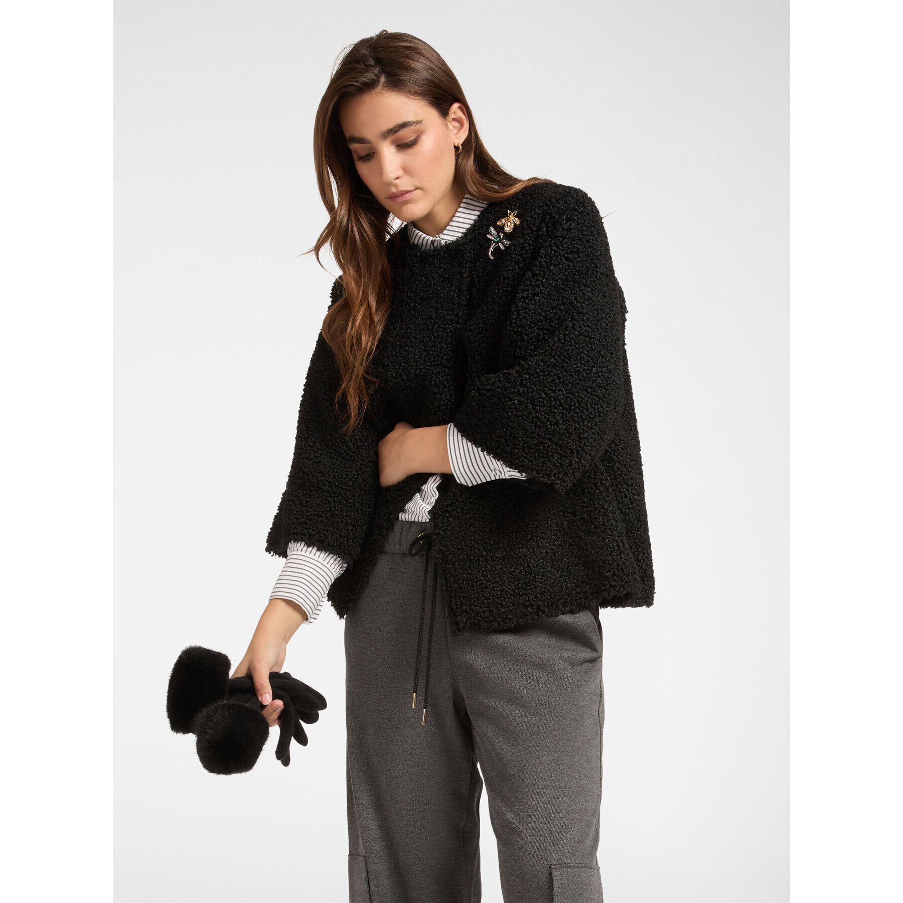 Elena Mirò - Giacca in tessuto peluche con spille - Nero