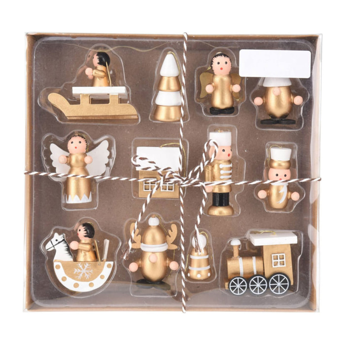 juego de 12 piezas de decoración colgante de madera para navidad en color dorado y blanco