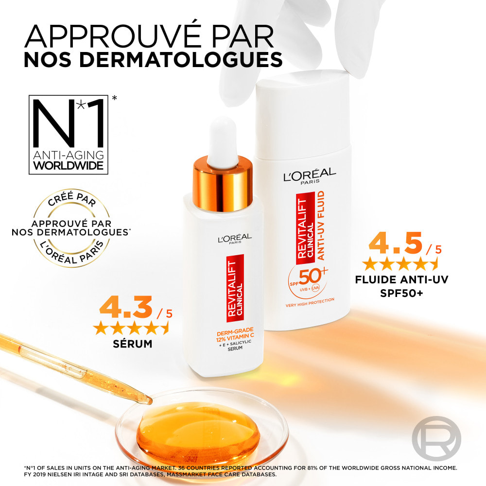L’Oréal Paris Coffret deux produits Revitalift Clinical Sérum Teint Lumineux Vitamine C 30ml et Fluide Anti-UV FPS 50+ Vitamine
