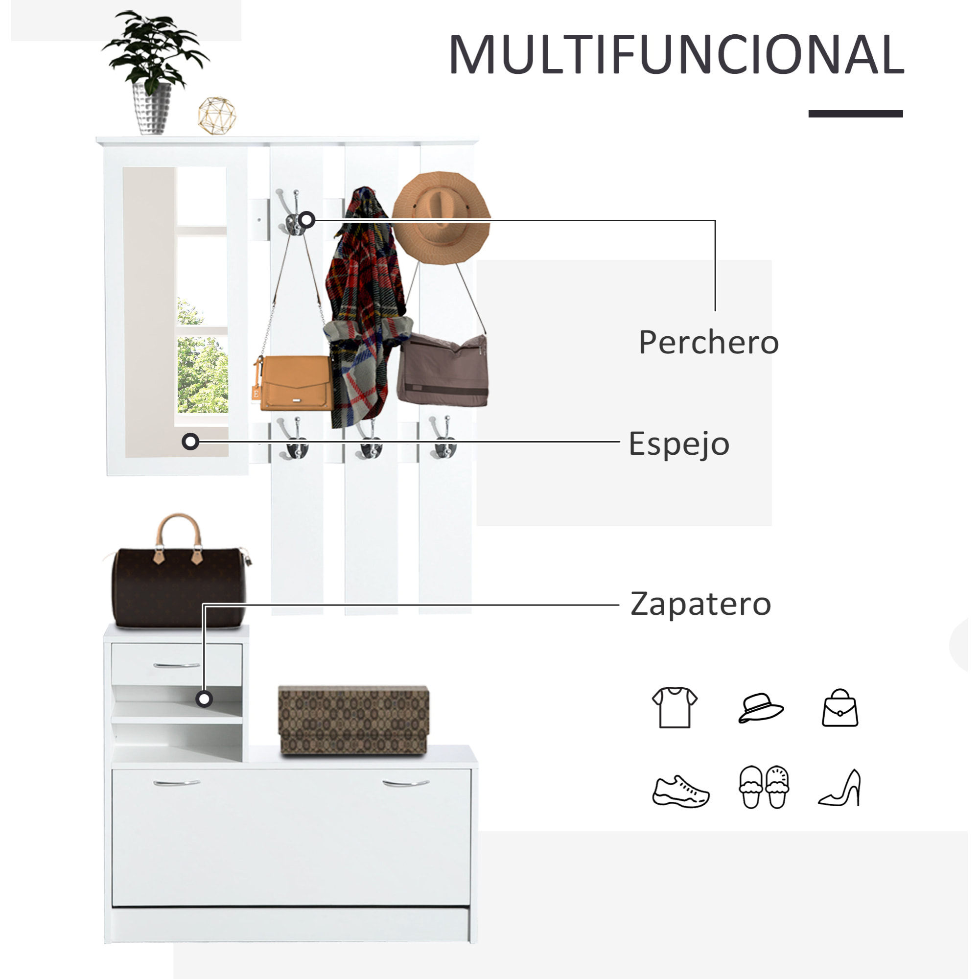 Conjunto Muebles de Entrada Recibidor Pasillo 3 Piezas Perchero Espejo Zapatero