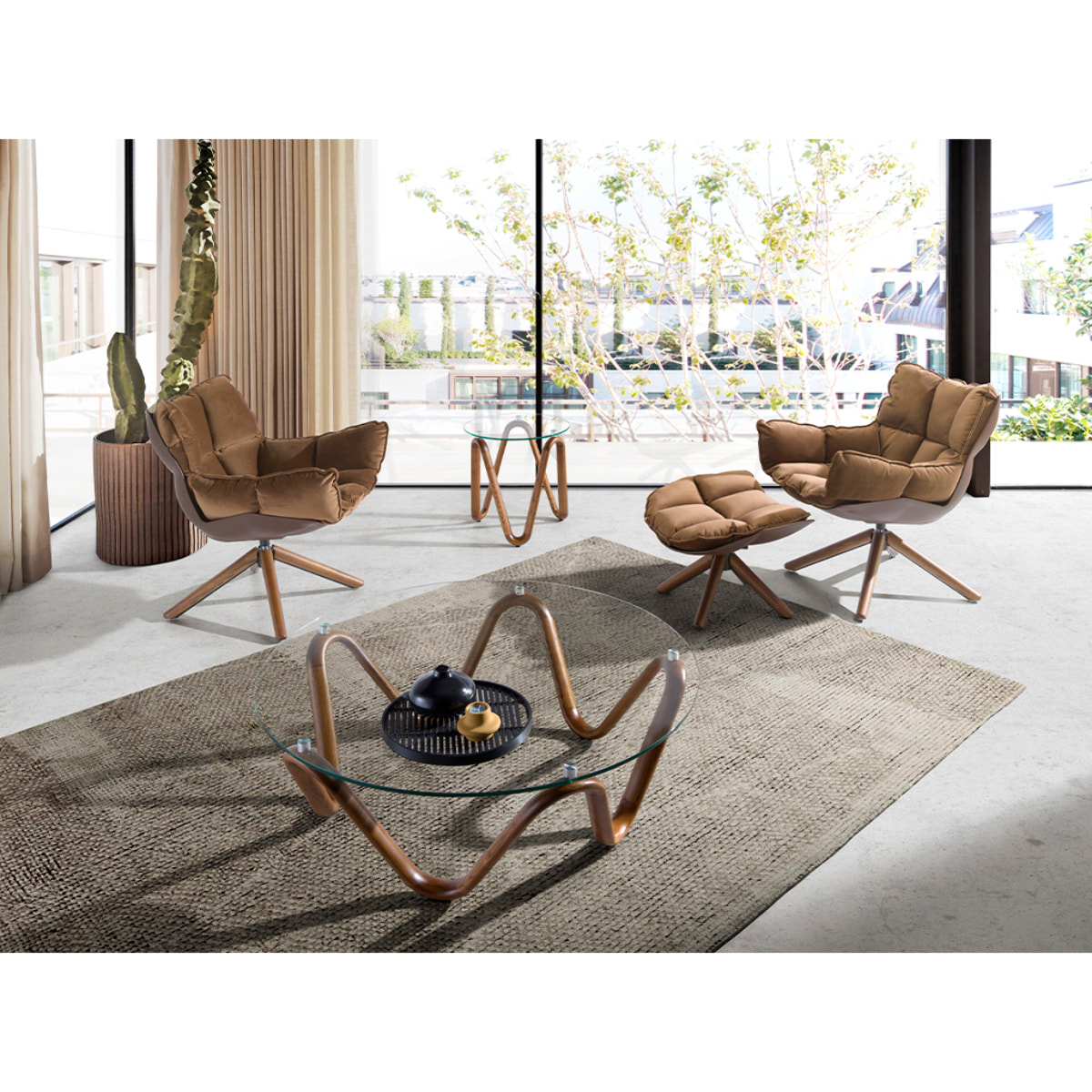 Sillón giratorio tapizado en tela aterciopelada en marrón con estructura de patas de madera en nogal 70x75x94cm