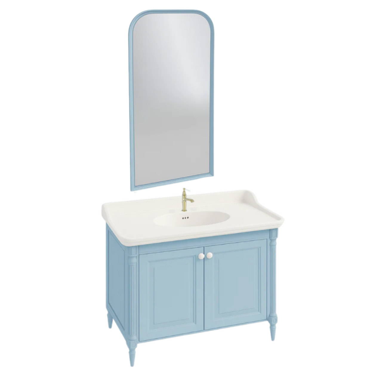 Pack meuble vasque Cléo 1889 bleu velours + miroir + mitigeur or