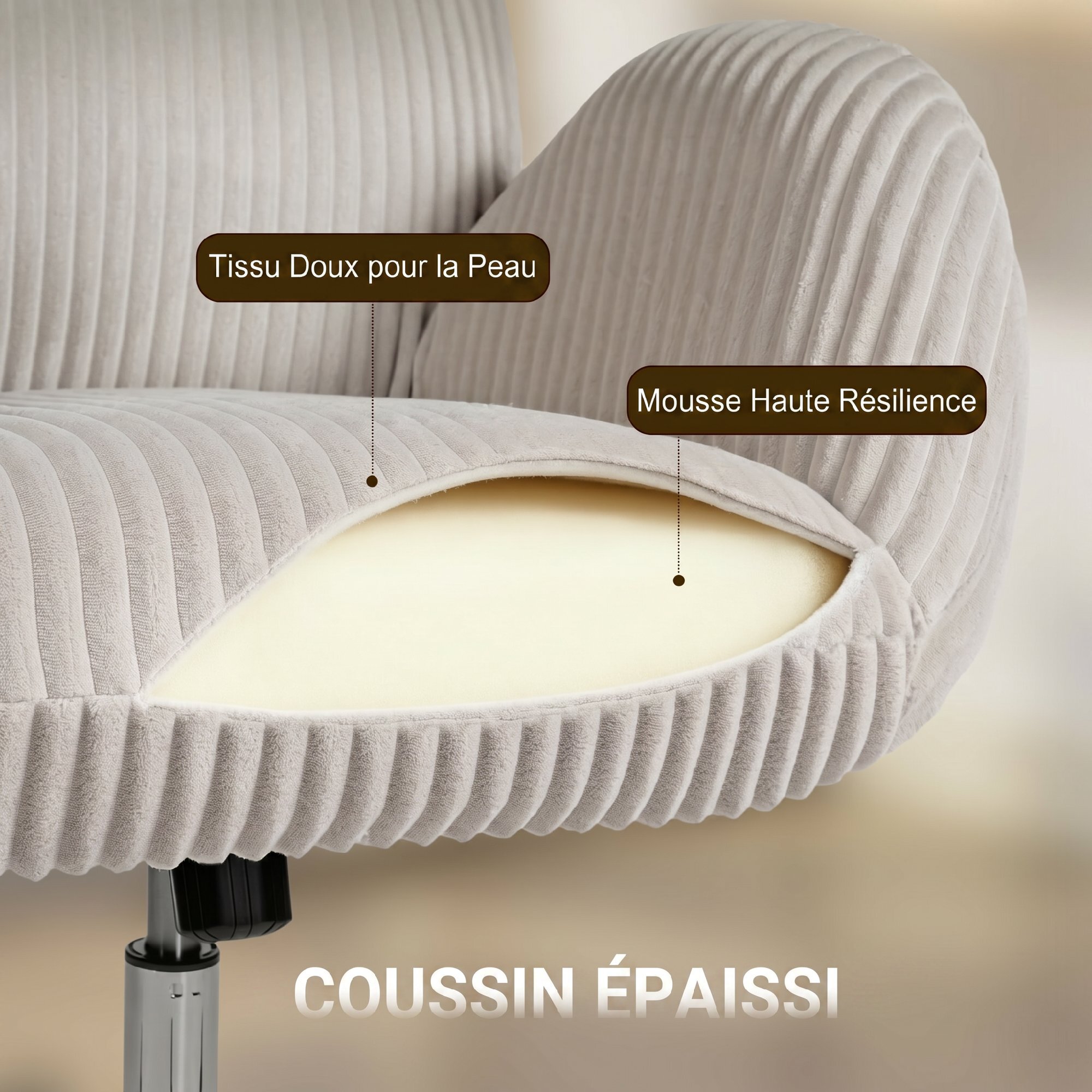 Chaise bureau design velours côtelé gris clair