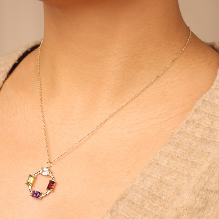 Collana in Argento 925 placcato Oro Giallo 18Kt con Pendente di Pietre Naturali Sfaccettate