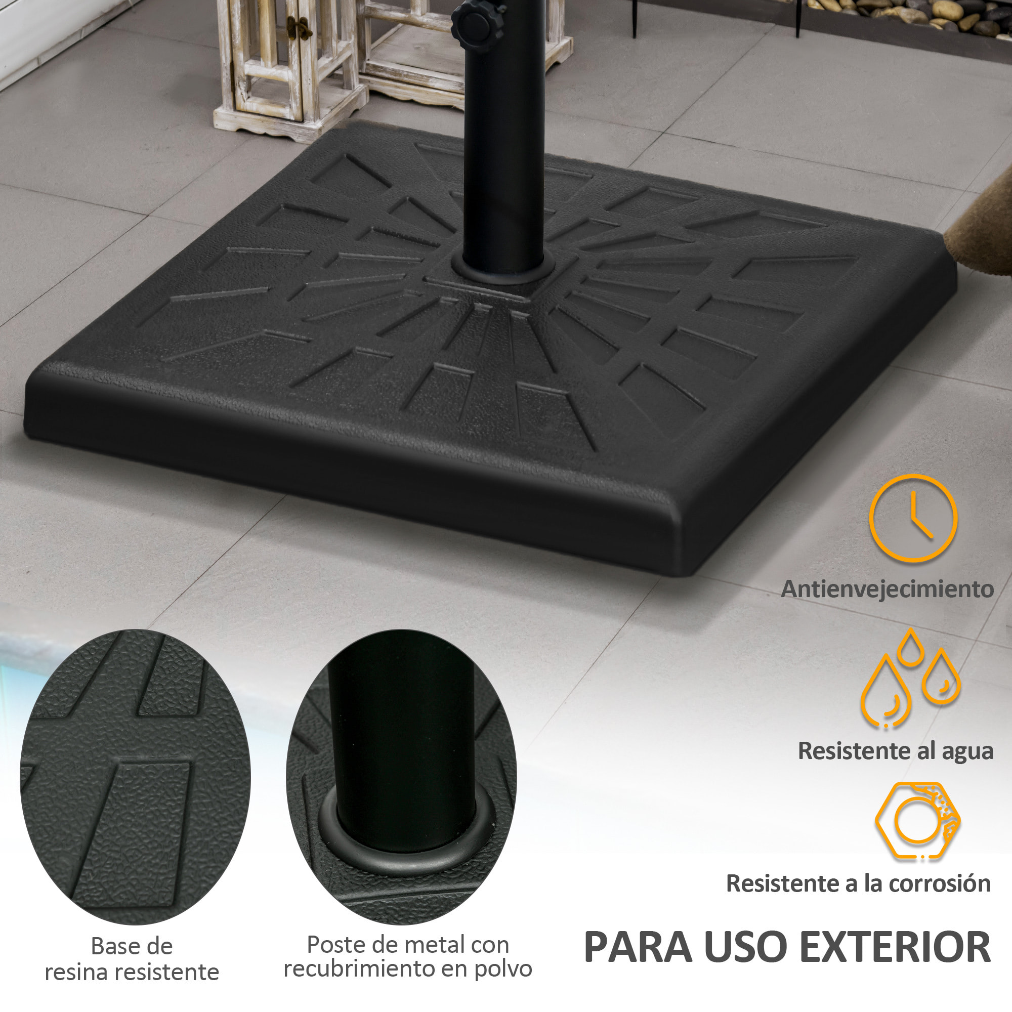 Base de Sombrilla de Resina 19 kg Soporte para Parasol Pie de Parasol para Mástil de Ø32/38/48 mm para Jardín Terraza Patio 51x51x32 cm Negro