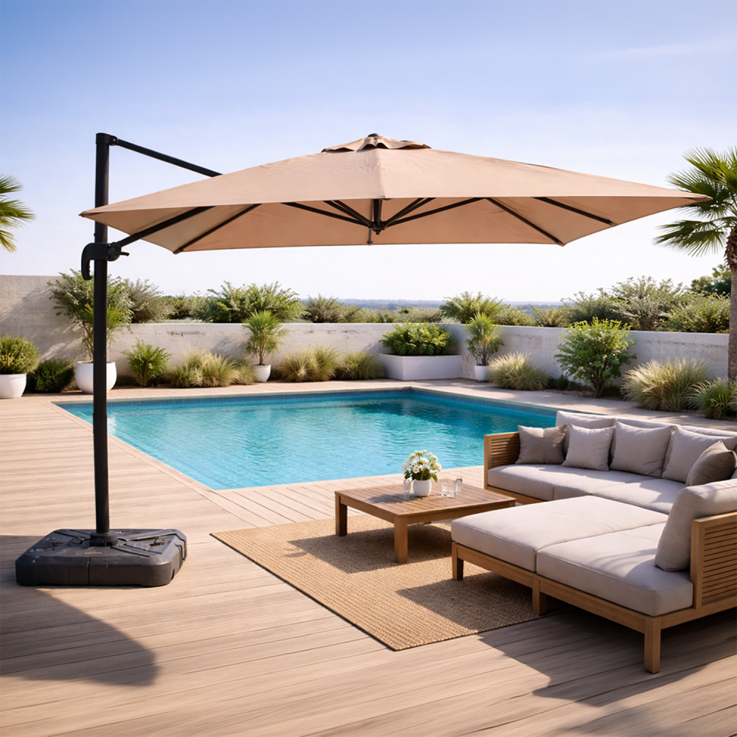 Parasol carré 3x3 déporté rotatif taupe en aluminium RAFAELA