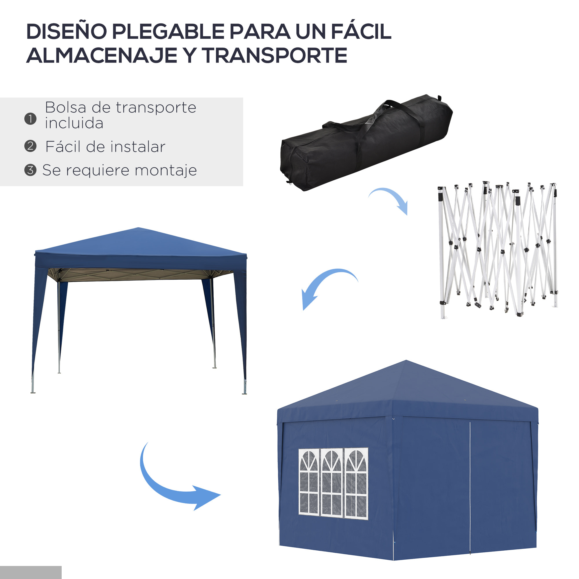 Carpa Plegable con 4 Paredes Desmontables 3x3 m Cenador de Jardín Gazebo Impermeable Protección UV y Bolsa de Transporte Pabellón para Recepción Eventos Camping Cerveza Azul