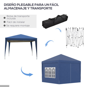 Carpa Plegable con 4 Paredes Desmontables 3x3 m Cenador de Jardín Gazebo Impermeable Protección UV y Bolsa de Transporte Pabellón para Recepción Eventos Camping Cerveza Azul