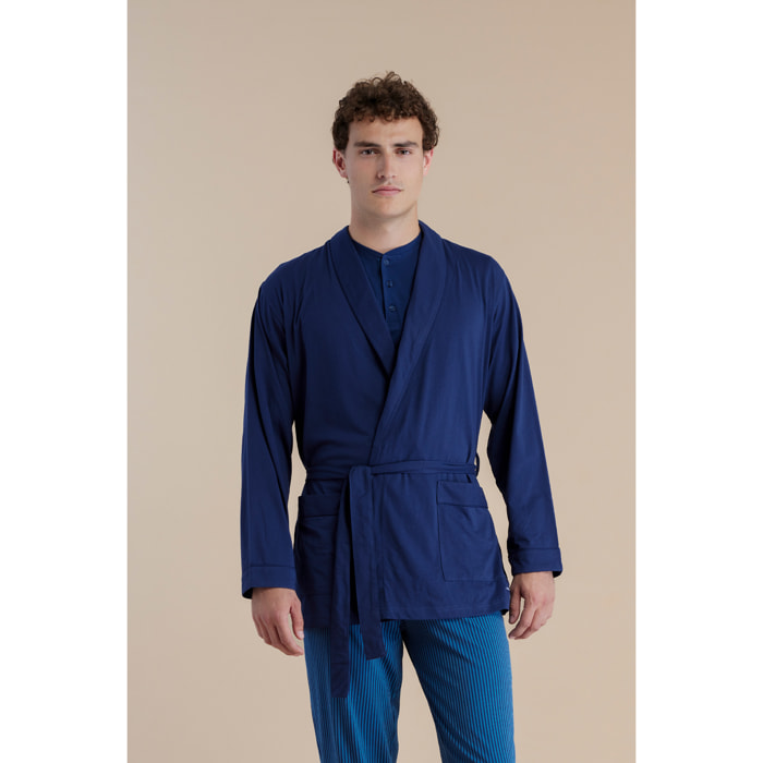 Vestaglia uomo in cotone con fusciacca colore blu Noidinotte