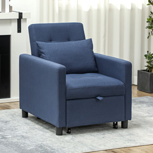 Fauteuil chauffeuse canapé-lit convertible 1 place dossier inclinable 3 positions coussin inclus polyester coton bleu