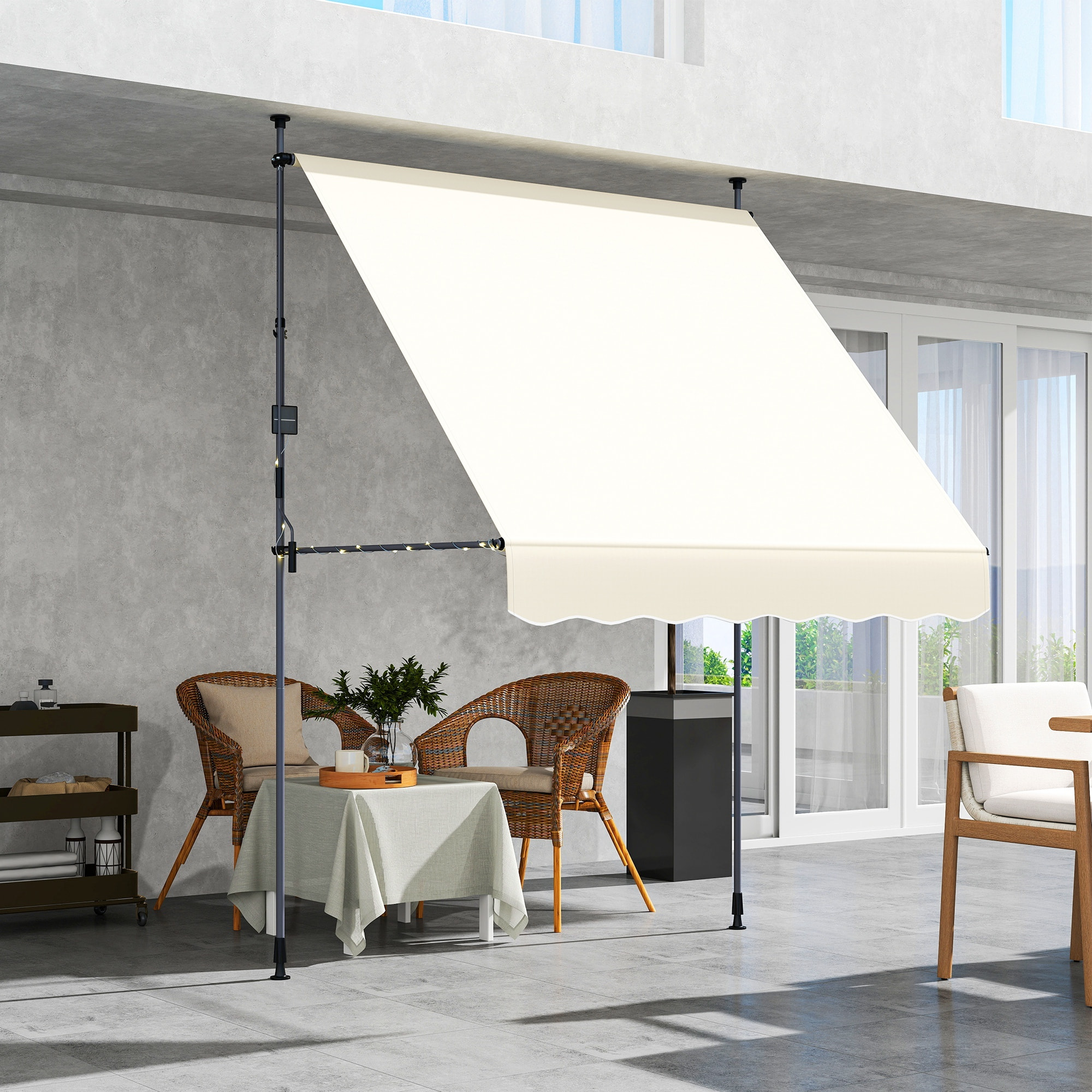 Toldo Manual Retráctil 2x1,2 m Toldo Exterior Terraza Enrollable Altura Ajustable con Manivela 210-310 cm Protección UV30+ Sin Taladro para Jardín Balcón Patio Crema