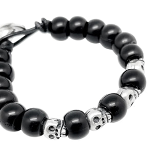 Pulsera Skull negra y cuero plata chapado